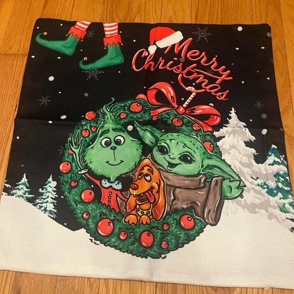 Festive Holiday Pillow Cover - Black and Green Christmas grinch yoda